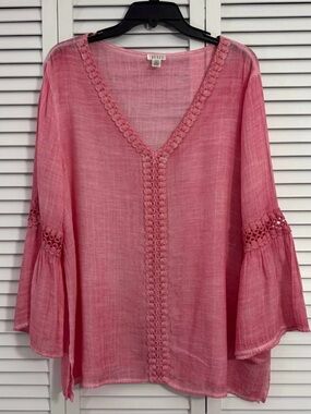 Spense-Lg-Teal Pink Blouse wi  Ribbon on Neckline & Down Front, Flare3/4 Sleeves